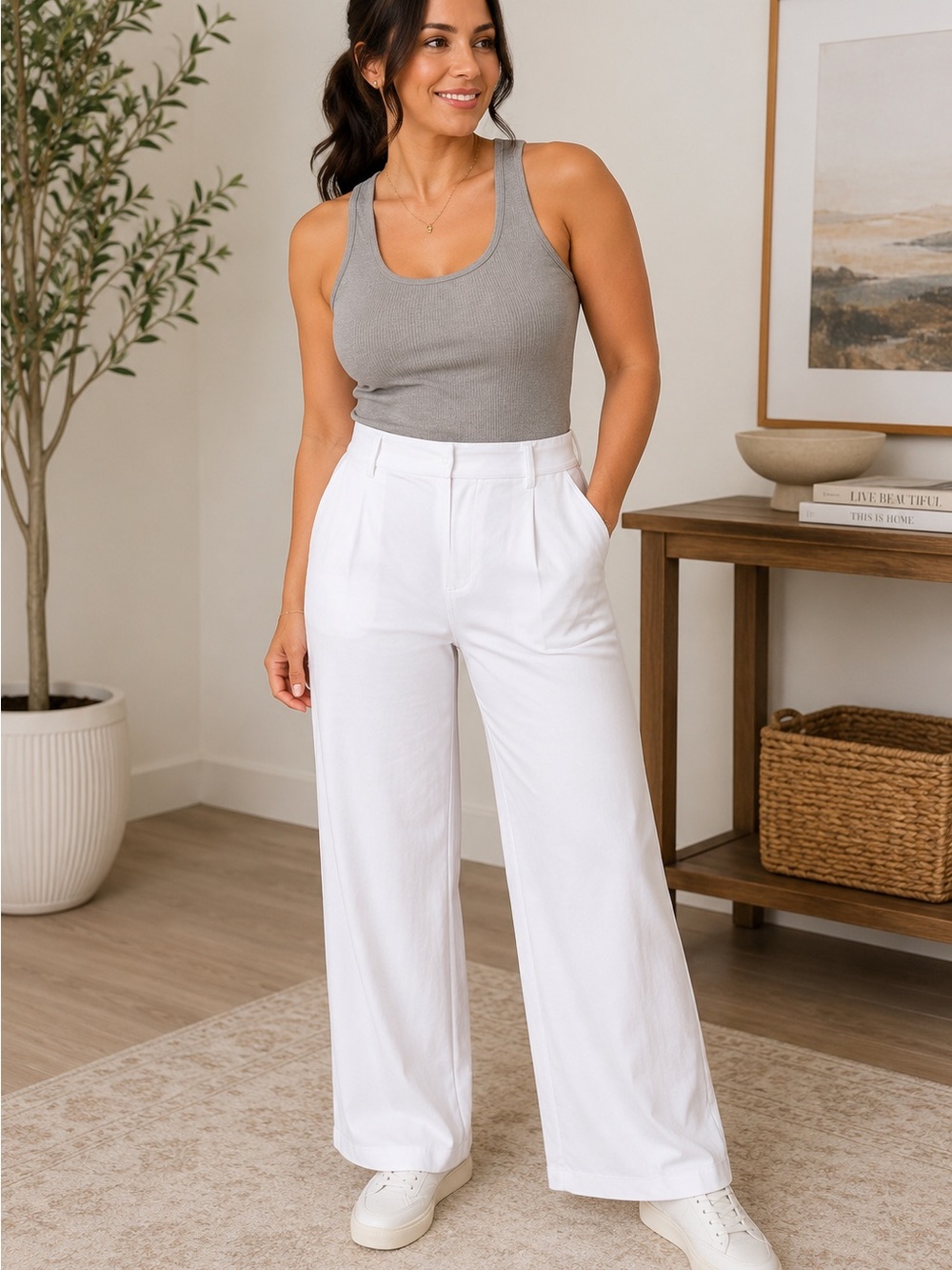 HALARA White High-Waist Wide-Leg Pants
